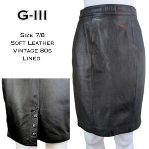 80s G-III Leather Pencil Skirt 7/8 Black Classic High Waist Back Slit Moto VTG